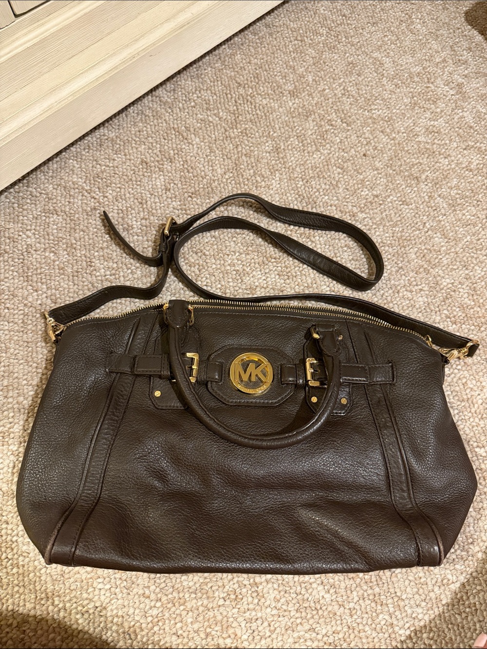 Michael Kors Dark Brown Pebbled Leather Shoulder Satchel with Gold Hardware